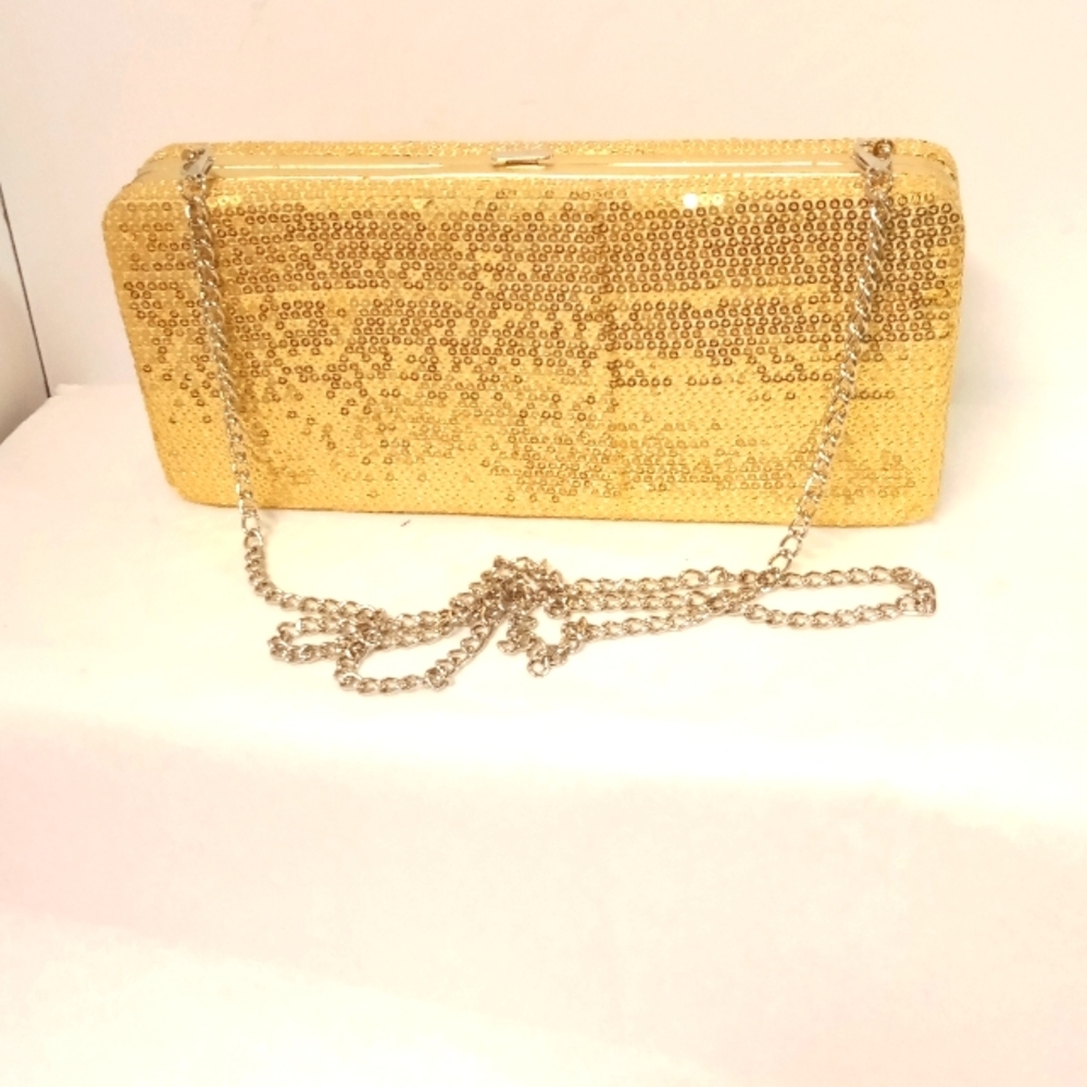 Clutch Purse Rectangle Sequin Gold Crossbody Chain 10x5"x2 NICE CONDITION